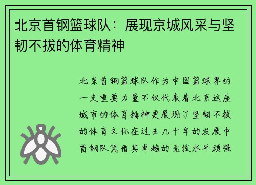 北京首钢篮球队：展现京城风采与坚韧不拔的体育精神